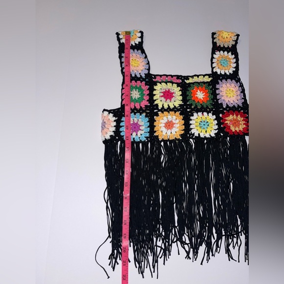 Crochet Granny Square Black Fringe Crop Top Small - Picture 6 of 9